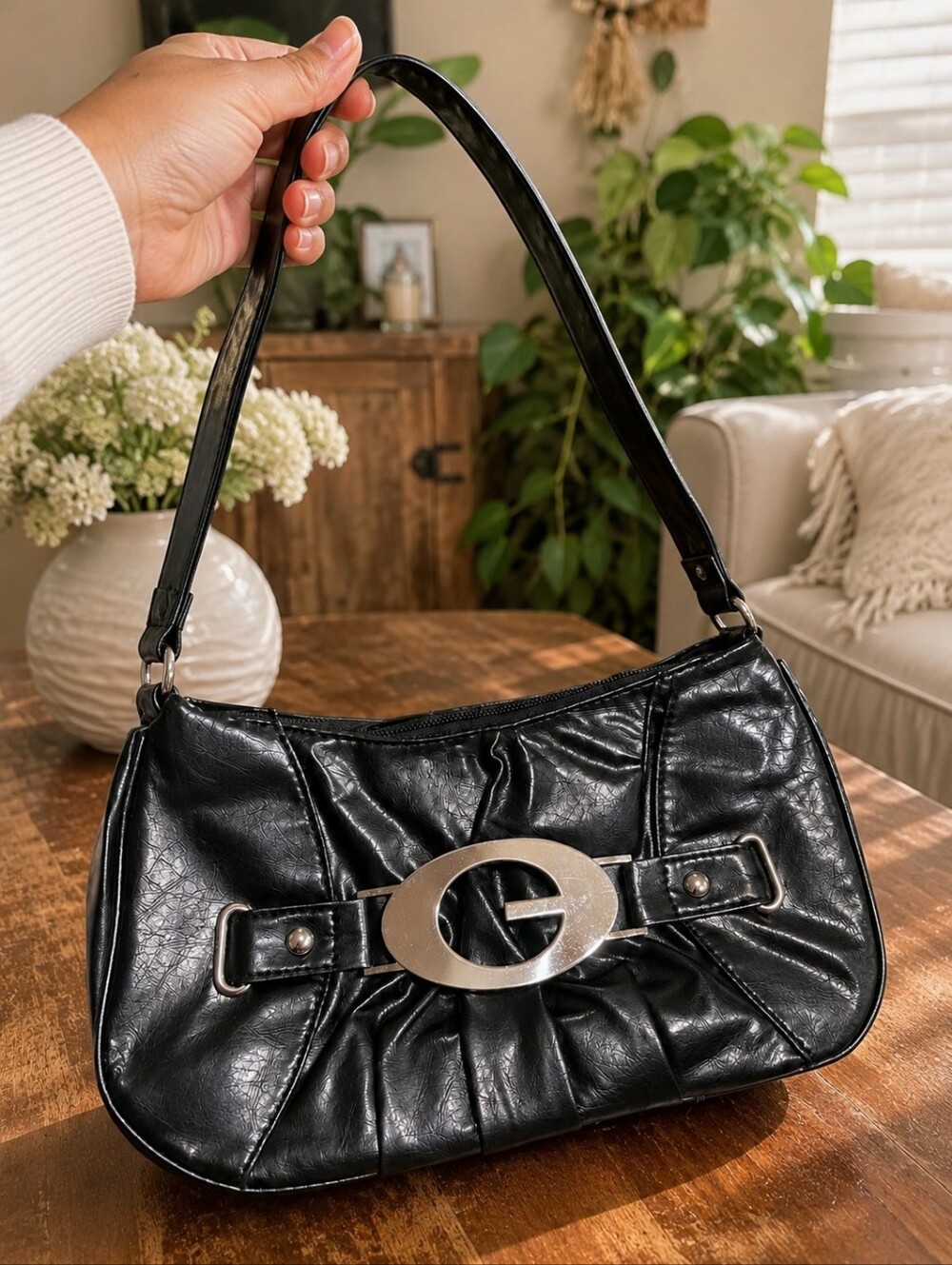 Black Vegan Leather Shoulder Bag with Silver G Logo